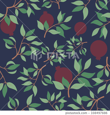 Vector seamless pattern with pomegranate branches and leaves. Wallpaper, background, paper or fabric print 108497886