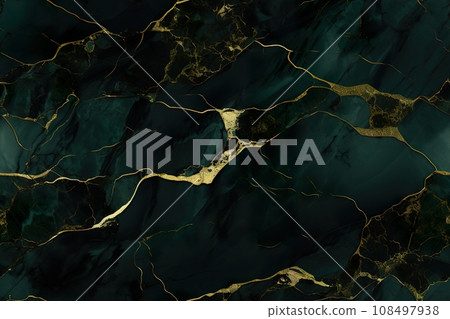 Dark green seamless pattern with marbling effect. Applicable for fabric print, textile, wrapping paper, wallpaper. Dark background with golden details. Repeatable marble texture. Generative AI. Dark green seamless pattern with marbling effect. Applicable for fabric print, textile, wrapping paper, wallpaper. Dark background with golden details. Repeatable marble texture. Generative AI. 108497938