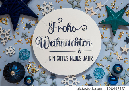 Text Frohe Weihnachten,Means Merry Christmas, Blue Christmas Decoration, Flatlay Text Frohe Weihnachten,Means Merry Christmas, Blue Christmas Decoration, Flatlay 108498181