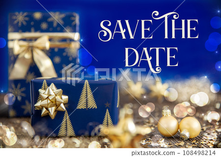 Text Save The Date, Golden And Blue Christmas Decoration Text Save The Date, Golden And Blue Christmas Decoration 108498214