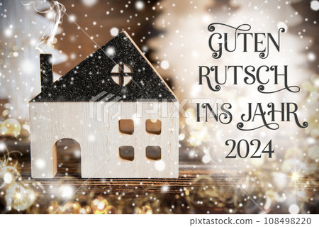 Text Guten Rutsch 2024, Means Happy 2024, House, Christmas or Winter Background 108498220