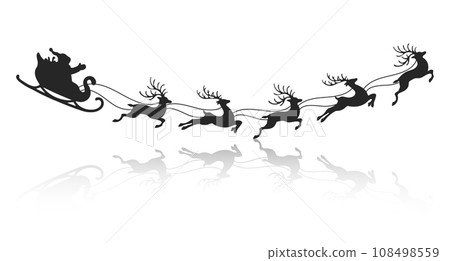 Santa on a sleigh with reindeers, silhouette with reflection on a white background. Winter illustration, vector 108498559