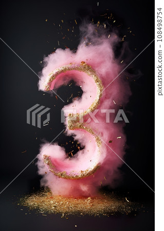 Pink number three with golden confetti. 3 Years Old. Third Birthday Celebration. Girls party. Baby girl celebrates. Special event. Anniversary of the beauty company, women's business. Generative AI. 108498754