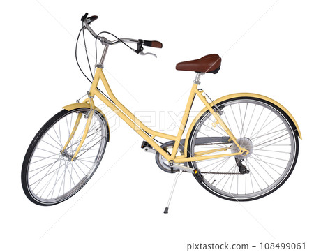 Yellow retro bicycle with brown saddle and handles, generic bike side view Yellow retro bicycle with brown saddle and handles, generic bike side view 108499061