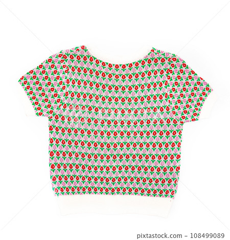 backside of Flatlay Square frame Pink and Red Tulip Pattern on Short sleeve T shirt cardigan for women show with white background. 108499089