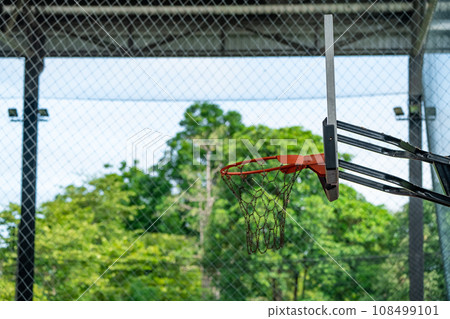 basketball backboard is translucent that the green trees in the background can be seen. 108499101