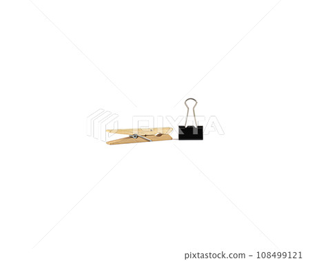 Black metal binder paper clips on an isolated white background 108499121