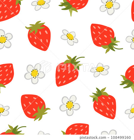 Strawberry vector seamless pattern. Sweet red berries and white flowers isolated on white. Summer plants, fruits background. Hand drawn cartoon wild woodland strawberry illustration 108499160