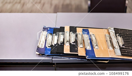 The referee Clip Board in the line was placed neatly on the table. Ready for badminton and table tennis competition 108499176