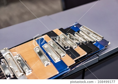 The referee Clip Board in the line was placed neatly on the table. Ready for badminton and table tennis competition 108499177