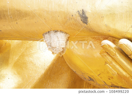 There is a white bee nest occur under arm of golden big Buddha statue that have smooth skin. 108499220