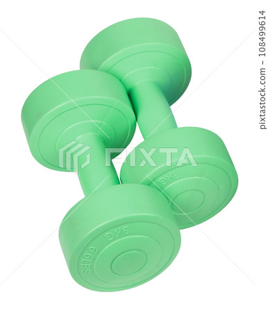 Two bright colored athletic rubber dumbbells Two bright colored athletic rubber dumbbells 108499614