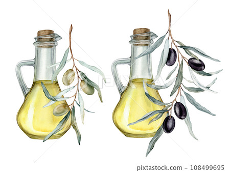 Olive oil in glass bottle. Hand drawn illustration isolated background. Natural fresh organic yellow vegetable oil in jar realistic watercolor image. Pure vegan seasoning. For design 108499695