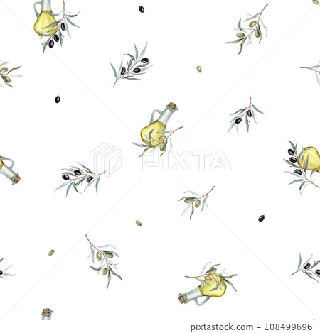 Seamless pattern with Olive oil in glass bottle. Hand drawn illustration isolated background. Natural fresh organic yellow vegetable oil in jar realistic watercolor image. Pure vegan seasoning. 108499696