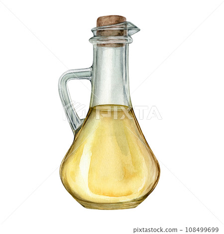 Olive or sunflower oil in glass bottle. Hand drawn illustration isolated on white background. Natural fresh organic yellow vegetable oil in jar realistic watercolor image. Pure vegan seasoning. 108499699