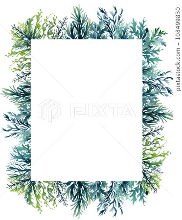 Seaweed underwater plants. Green Laminaria watercolor illustartion. Nautical frame 108499830