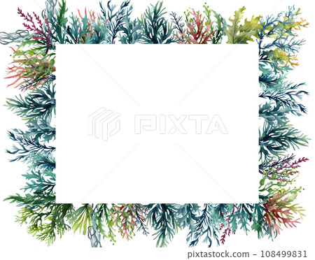 Seaweed underwater plants. Green Laminaria watercolor illustartion. Nautical frame 108499831