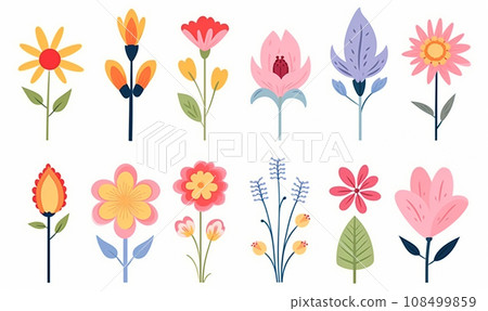 AI-generated content. Collection of beautiful blooming flowers, isolated on white background.  108499859