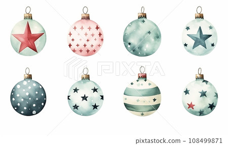 AI-generated content. Set of cartoon aquarel Christmas balls for greeting card or stickers 108499871