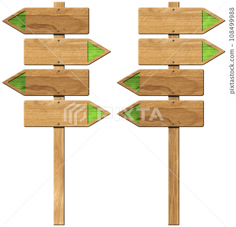 Empty Wooden Directional Signs with Pole Isolated on White Background Empty Wooden Directional Signs with Pole Isolated on White Background 108499988