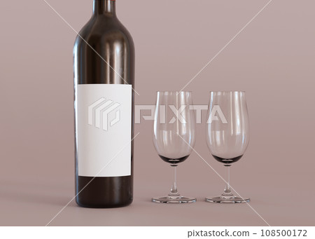 White, blank label on wine bottle. Template for your design, advertising, logo. Label mock up. Close-up view. Copy space. Minimalist bottle sticker mockup. 3D rendering. White, blank label on wine bottle. Template for your design, advertising, logo. Label mock up. Close-up view. Copy space. Minimalist bottle sticker mockup. 3D rendering. 108500172