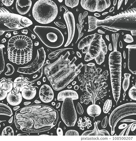 Paleo Diet Chalk Board Seamless Pattern. Vector Hand Drawn Healthy Food Background. Vintage Style Menu Illustration. 108500207