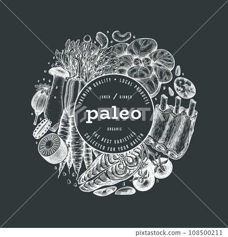 Paleo Diet Chalk Board Design Template. Vector Hand Drawn Healthy Food Banner. Vintage Style Menu Illustration. Paleo Diet Chalk Board Design Template. Vector Hand Drawn Healthy Food Banner. Vintage Style Menu Illustration. 108500211