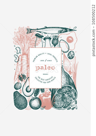 Paleo Diet Design Template. Vector Hand Drawn Healthy Food Banner. Vintage Style Menu Illustration. Paleo Diet Design Template. Vector Hand Drawn Healthy Food Banner. Vintage Style Menu Illustration. 108500212