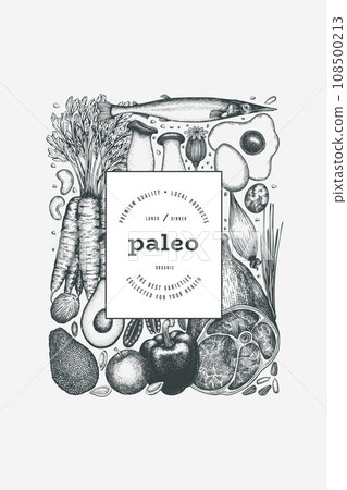 Paleo Diet Design Template. Vector Hand Drawn Healthy Food Banner. Vintage Style Menu Illustration. Paleo Diet Design Template. Vector Hand Drawn Healthy Food Banner. Vintage Style Menu Illustration. 108500213