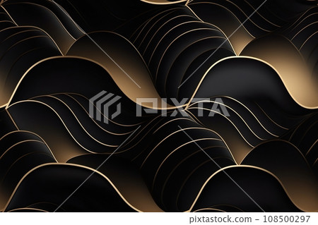 Black seamless pattern with abstract waves. Applicable for fabric print, textile, wrapping paper, wallpaper. Dark background with golden splines. Repeatable texture. Generative AI. 108500297
