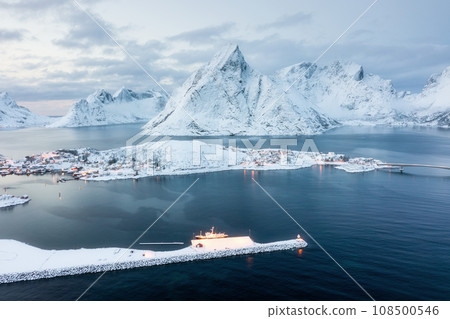 Aerial view on the Lofoten Islands, Norway. Landscape in winter time during day time.  108500546