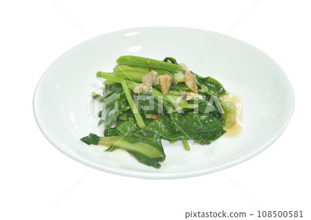 fried Chinese kale with chop salty fish in oyster sauce on plate fried Chinese kale with chop salty fish in oyster sauce on plate 108500581
