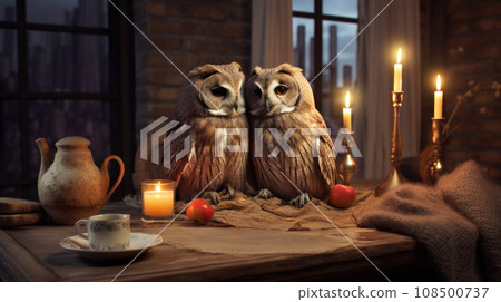 Owls at the dinner table on Valentine's Day, a whimsical and unforgettable celebration of love. 108500737