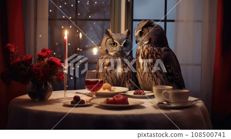 Valentine's Day Owls join a romantic dinner in an apartment, creating an enchanting, love-filled atmosphere. 108500741