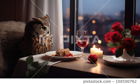 An owl at a table in an apartment, creating an enchanting atmosphere for a memorable evening. 108500762