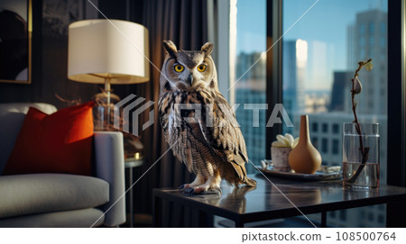 Pet owl in a cozy apartment. Pet owl in a cozy apartment. 108500764
