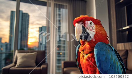 Urban apartment becomes a sanctuary with the company of an intelligent and vibrant macaw. 108500822