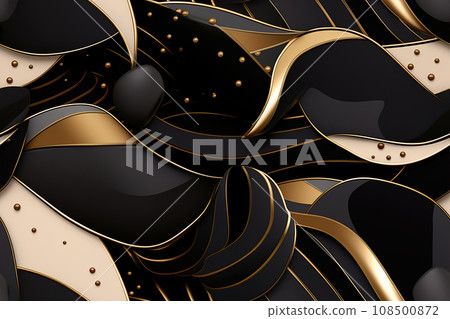 Black seamless pattern with abstract waves. Applicable for fabric print, textile, wrapping paper, wallpaper. Dark background with golden splines. Repeatable texture. Generative AI. 108500872