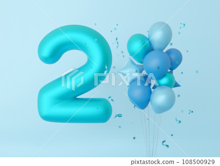 Glossy number two on blue background with balloons. 2 Years Old. Second Birthday Celebration. Boys party. Baby boy celebrates. Special event. Greetings Card. 3D Render. Glossy number two on blue background with balloons. 2 Years Old. Second Birthday Celebration. Boys party. Baby boy celebrates. Special event. Greetings Card. 3D Render. 108500929