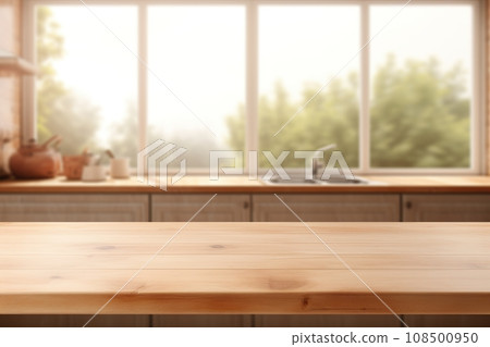 Empty wooden table top and blurred kitchen interior on the background. Copy space for your object, product, food presentation. Generative AI. Empty wooden table top and blurred kitchen interior on the background. Copy space for your object, product, food presentation. Generative AI. 108500950