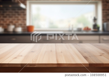 Empty wooden table top and blurred kitchen interior on the background. Copy space for your object, product, food presentation. Generative AI. Empty wooden table top and blurred kitchen interior on the background. Copy space for your object, product, food presentation. Generative AI. 108500951