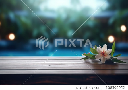 Empty wooden table top and blurred outdoor pool, spa on the background. Copy space for your object, product presentation. Display, promotion, advertising. Holiday, vacation, relax mood. Generative AI. 108500952