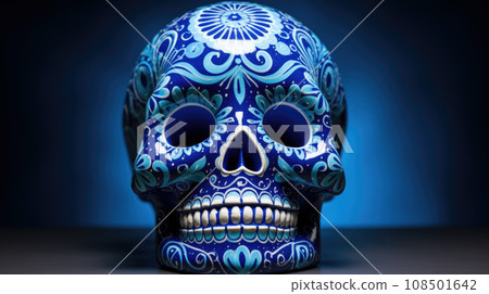 Typical Mexican skull painted isolated on blue background. Panorama view. Dia de los muertos 108501642