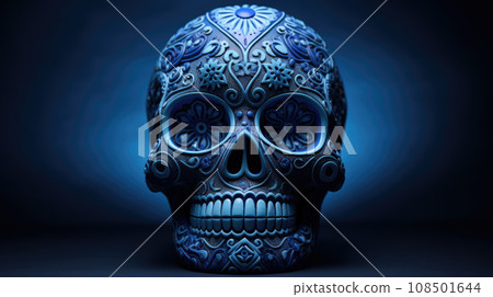 Typical Mexican skull painted isolated on blue background. Panorama view. Dia de los muertos 108501644