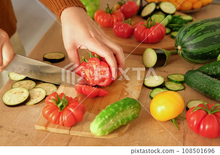 Fresh ripe big tomatoes, eggplant, veggies on a kitchen wooden workplace. Many raw vegetables background. Tomato, cucumbers. Cooker at home making a healthy veggie meal. Preparing vegetarian dish 108501696