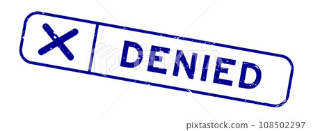 Grunge blue denied word with wrong check mark icon square rubber seal stamp on white background 108502297