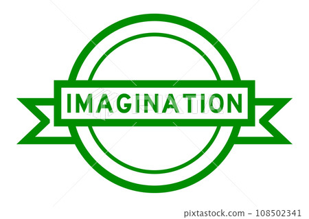 Vintage green color round label banner with word imagination on white background 108502341