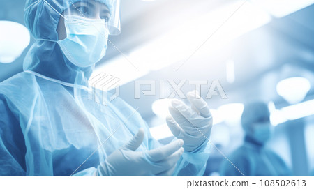 A surgeon medical doctor prepare to perform surgery in hospital operating room, with blurred background, healthcare and hospital concept. Generative AI A surgeon medical doctor prepare to perform surgery in hospital operating room, with blurred background, healthcare and hospital concept. Generative AI 108502613