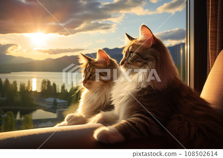 Adorable cats enjoying watching view from window, pet friendly hotel and resort business concept. Generative AI Adorable cats enjoying watching view from window, pet friendly hotel and resort business concept. Generative AI 108502614