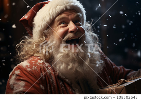 Old man with big smile in Santa Claus costume giving a gift, offering Christmas discount promotion advertising and Christmas present concept. Generative AI 108502645